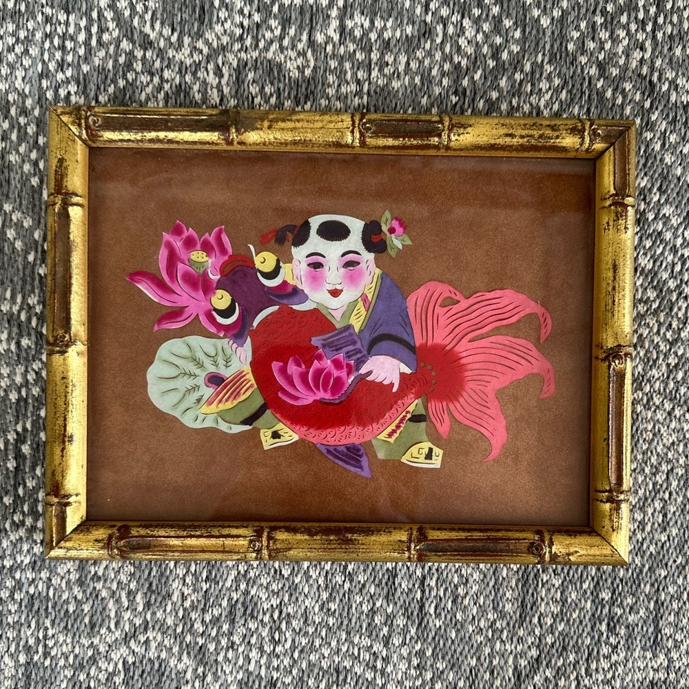 Vintage Oriental Paper Cut Wall Art Asian Koi Fish Custom Framed Professionally